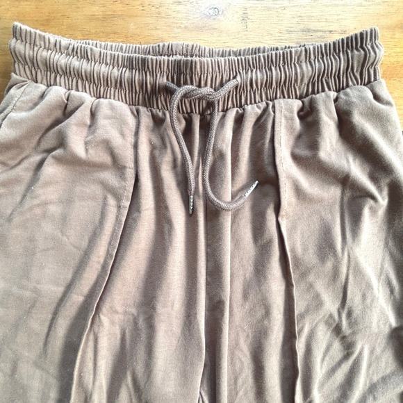 Womens Casual Lounge Pants Medium Tan Elastic Waist Drawstring Wide Leg Comfort - Picture 2 of 4